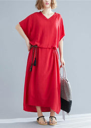 Women v neck pockets cotton linen summer Soft Surroundings Work red Dress - SooLinen