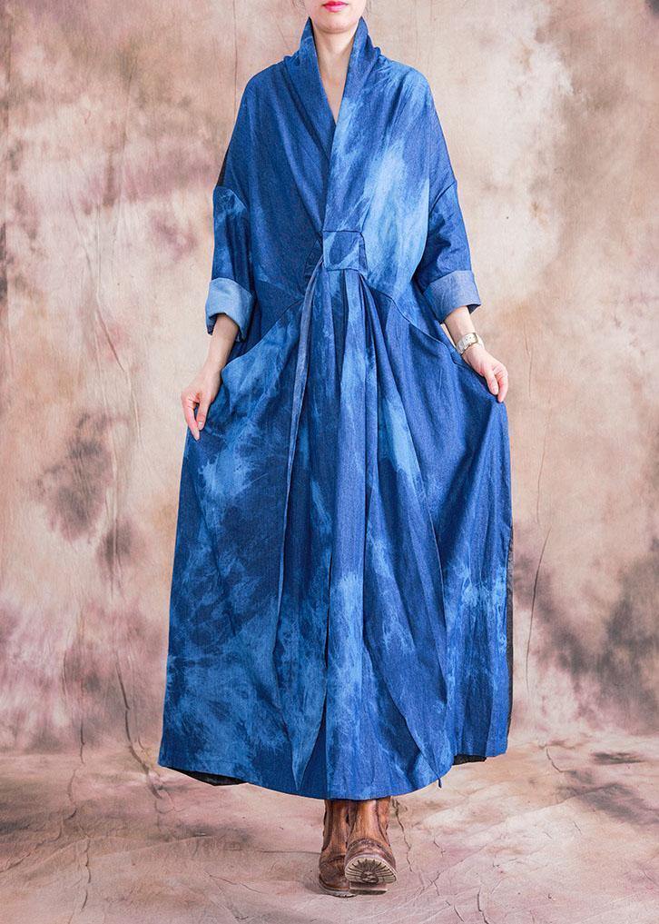 Women v neck tie waist cotton clothes denim blue A Line Dress fall - SooLinen