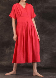 Women v neck tie waist linen clothes For Women Inspiration red Dress summer - SooLinen