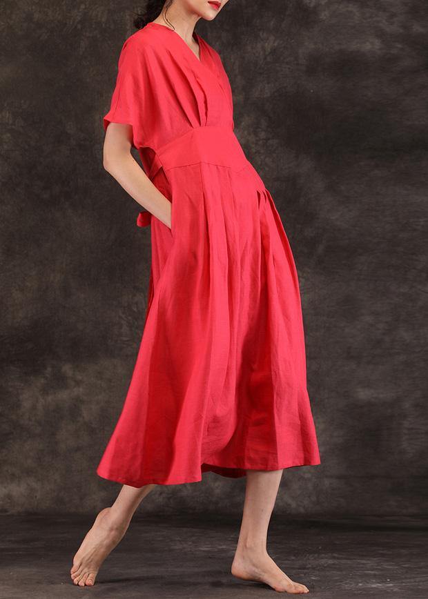 Women v neck tie waist linen clothes For Women Inspiration red Dress summer - SooLinen