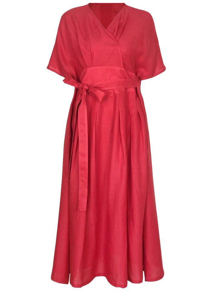 Women v neck tie waist linen clothes For Women Inspiration red Dress summer - SooLinen