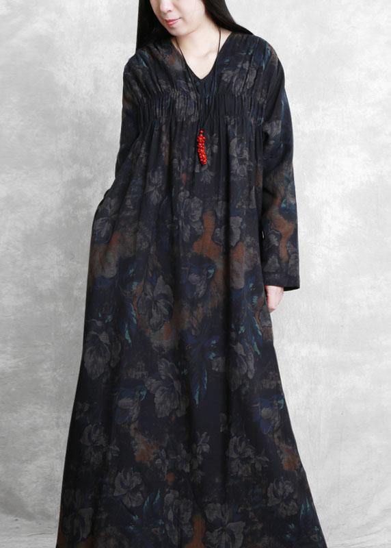 Women v neck Cinched clothes For Women Catwalk black print Robe Dresses - SooLinen