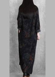 Women v neck Cinched clothes For Women Catwalk black print Robe Dresses - SooLinen