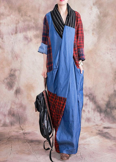 Women v neck Cinched cotton linen clothes design red plaid Dresses fall - SooLinen