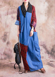 Women v neck Cinched cotton linen clothes design red plaid Dresses fall - SooLinen