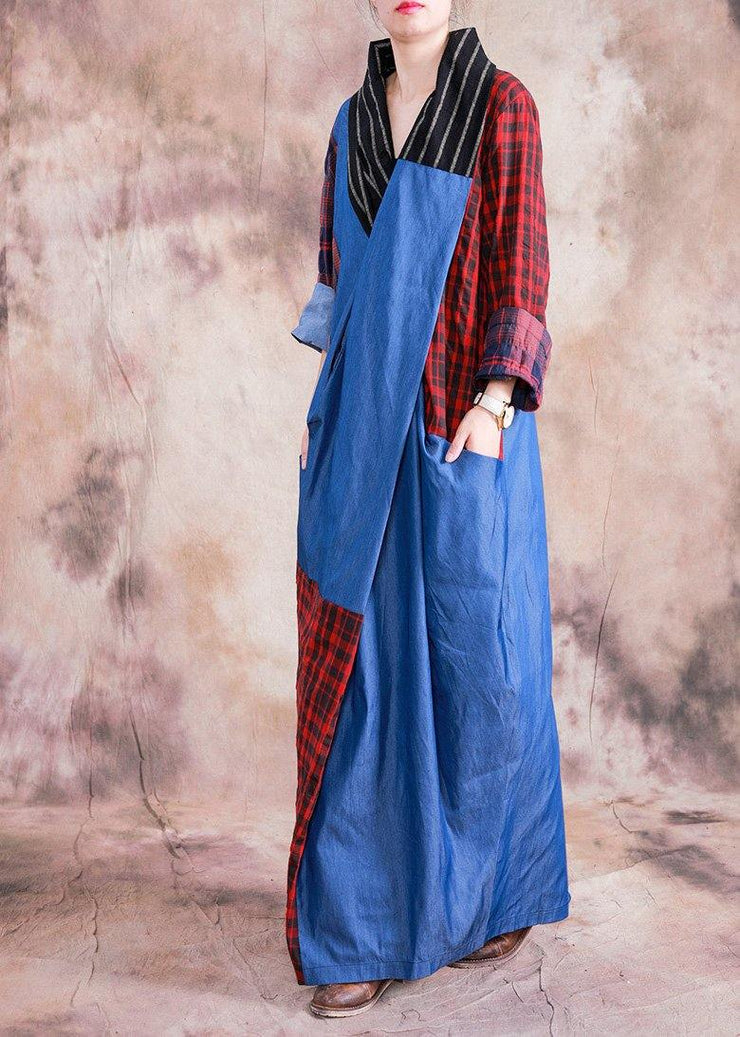 Women v neck Cinched cotton linen clothes design red plaid Dresses fall - SooLinen