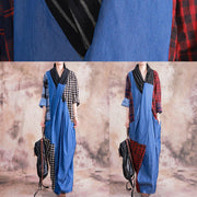 Women v neck Cinched cotton linen clothes design red plaid Dresses fall - SooLinen