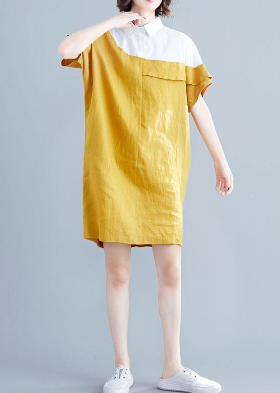 Women yellow Cotton tunics for women o neck patchwork loose summer Dresses - SooLinen