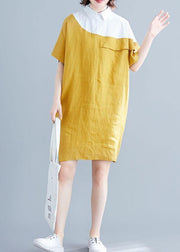 Women yellow Cotton tunics for women o neck patchwork loose summer Dresses - SooLinen