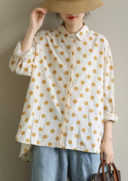 Women yellow dotted clothes lapel low high design Knee blouses - SooLinen