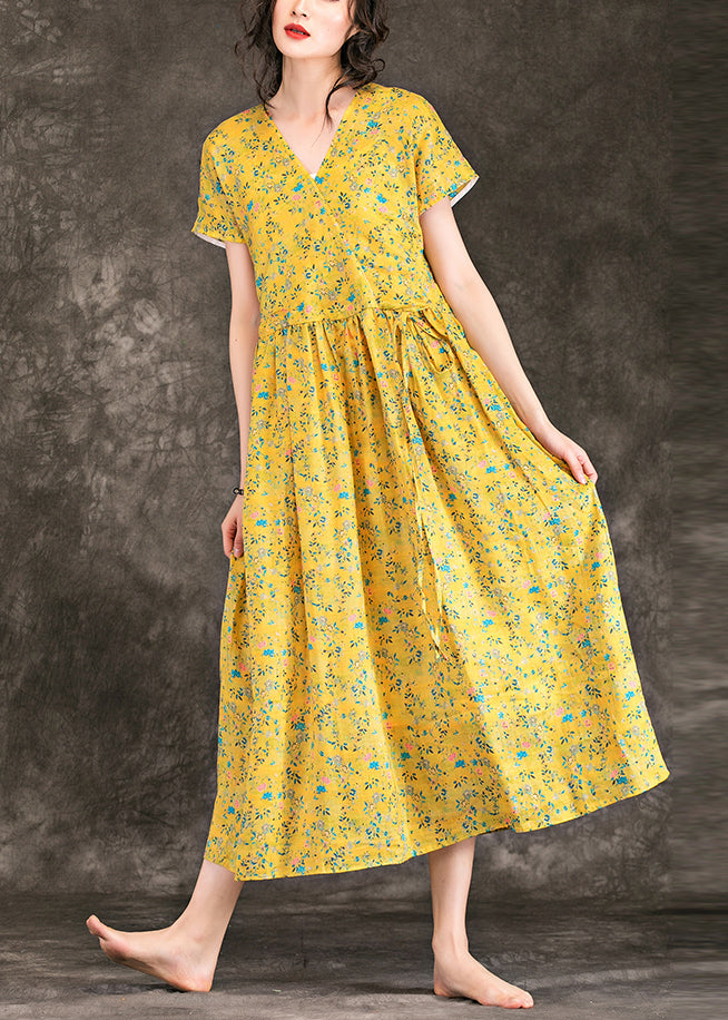 Women Yellow Floral Chiffon Dress Fine Design V Neck Tie Waist Chiffon Summer Dress