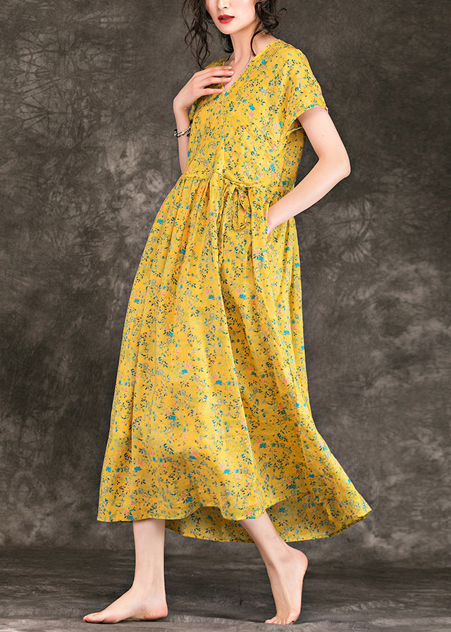 Women Yellow Floral Chiffon Dress Fine Design V Neck Tie Waist Chiffon Summer Dress