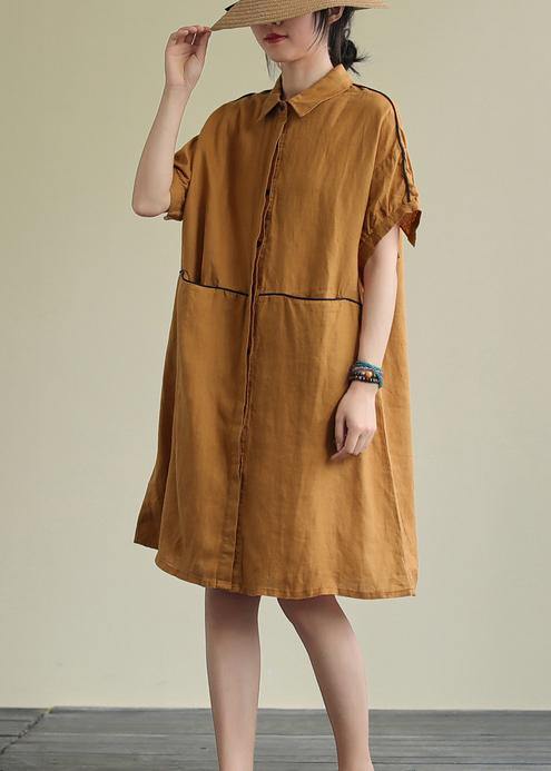 Women yellow linen dress lapel pockets Plus Size summer Dresses - SooLinen