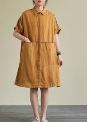 Women yellow linen dress lapel pockets Plus Size summer Dresses - SooLinen