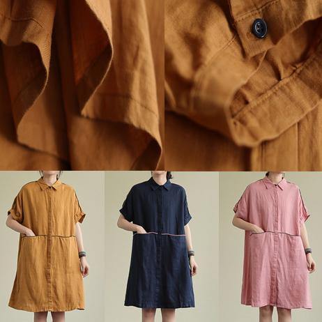 Women yellow linen dress lapel pockets Plus Size summer Dresses - SooLinen