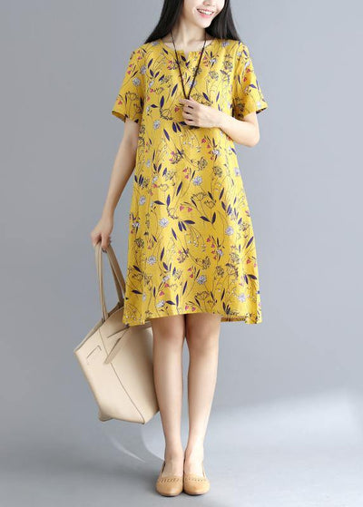 Women yellow prints Cotton clothes loose waist daily summer Dress - SooLinen