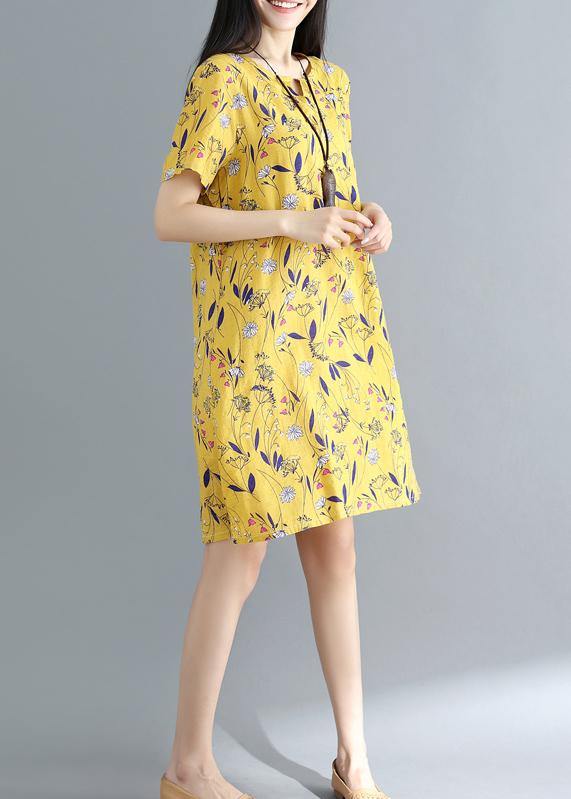 Women yellow prints Cotton clothes loose waist daily summer Dress - SooLinen