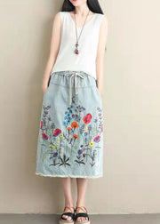 Women Light Blue Embroideried Pockets A-Line Summer Denim Skirts