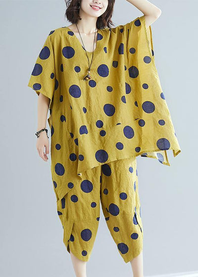 Women's art yellow dot print long T-shirt top + casual cotton wide leg pants - SooLinen