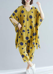 Women's art yellow dot print long T-shirt top + casual cotton wide leg pants - SooLinen