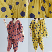 Women's art yellow dot print long T-shirt top + casual cotton wide leg pants - SooLinen