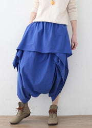 Women's original design literary irregular asymmetric blue cropped trousers - SooLinen