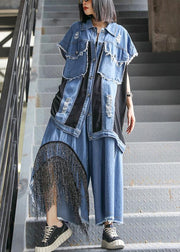 Sold Out- trendy large size thin western denim blue waistcoat wide leg pants two-piece suit - SooLinen