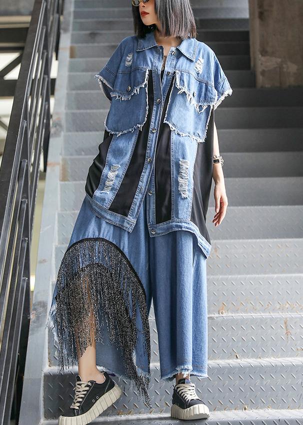 Sold Out- trendy large size thin western denim blue waistcoat wide leg pants two-piece suit - SooLinen