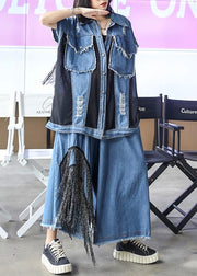 Sold Out- trendy large size thin western denim blue waistcoat wide leg pants two-piece suit - SooLinen