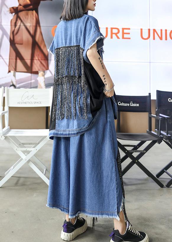 Sold Out- trendy large size thin western denim blue waistcoat wide leg pants two-piece suit - SooLinen