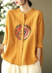 Yellow Button Casual Linen Shirt Tops Stand Collar Long Sleeve