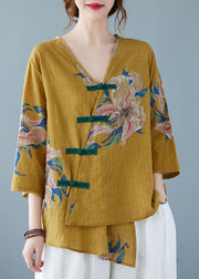 Yellow Button Shirt Tops Asymmetrical Half Sleeve