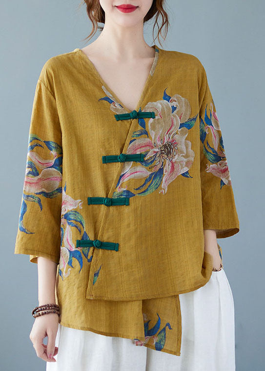 Yellow Button Shirt Tops Asymmetrical Half Sleeve