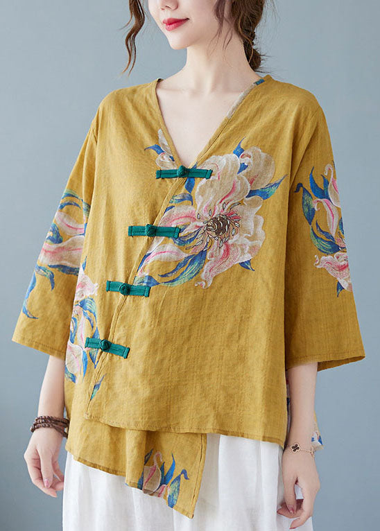 Yellow Button Shirt Tops Asymmetrical Half Sleeve