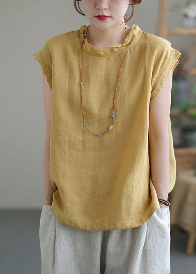 Yellow Drawstring Patchwork Summer Linen Tank Sleeveless - SooLinen