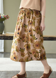 Yellow Floral Print Linen A Line Skirts Pockets Print Summer