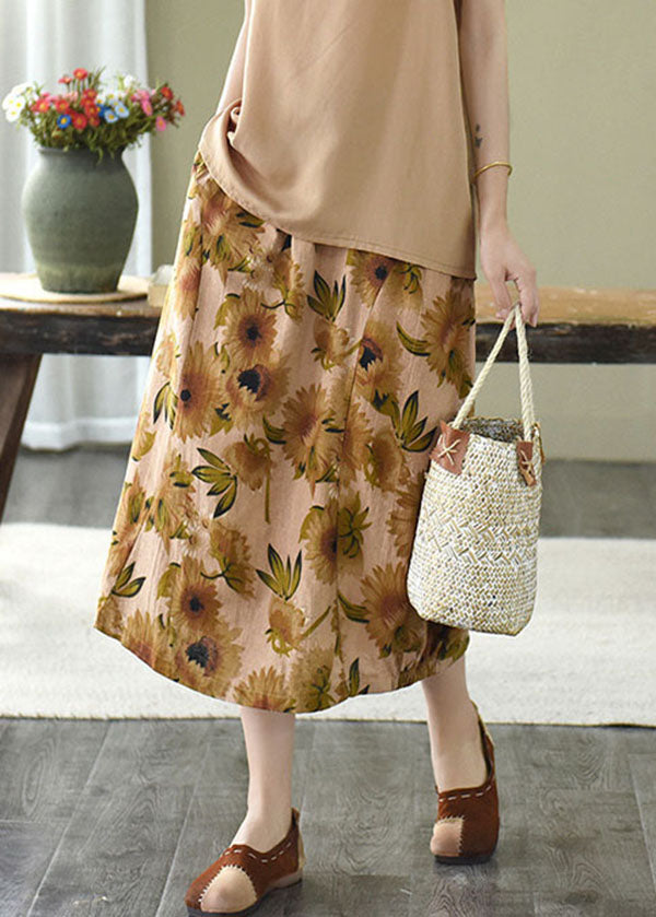 Yellow Floral Print Linen A Line Skirts Pockets Print Summer