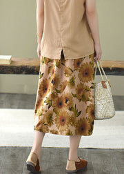 Yellow Floral Print Linen A Line Skirts Pockets Print Summer