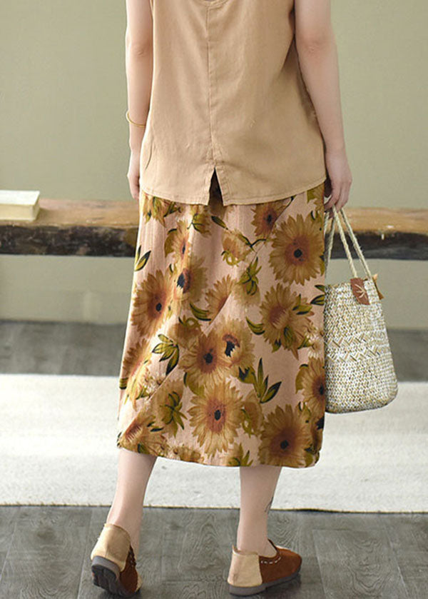 Yellow Floral Print Linen A Line Skirts Pockets Print Summer