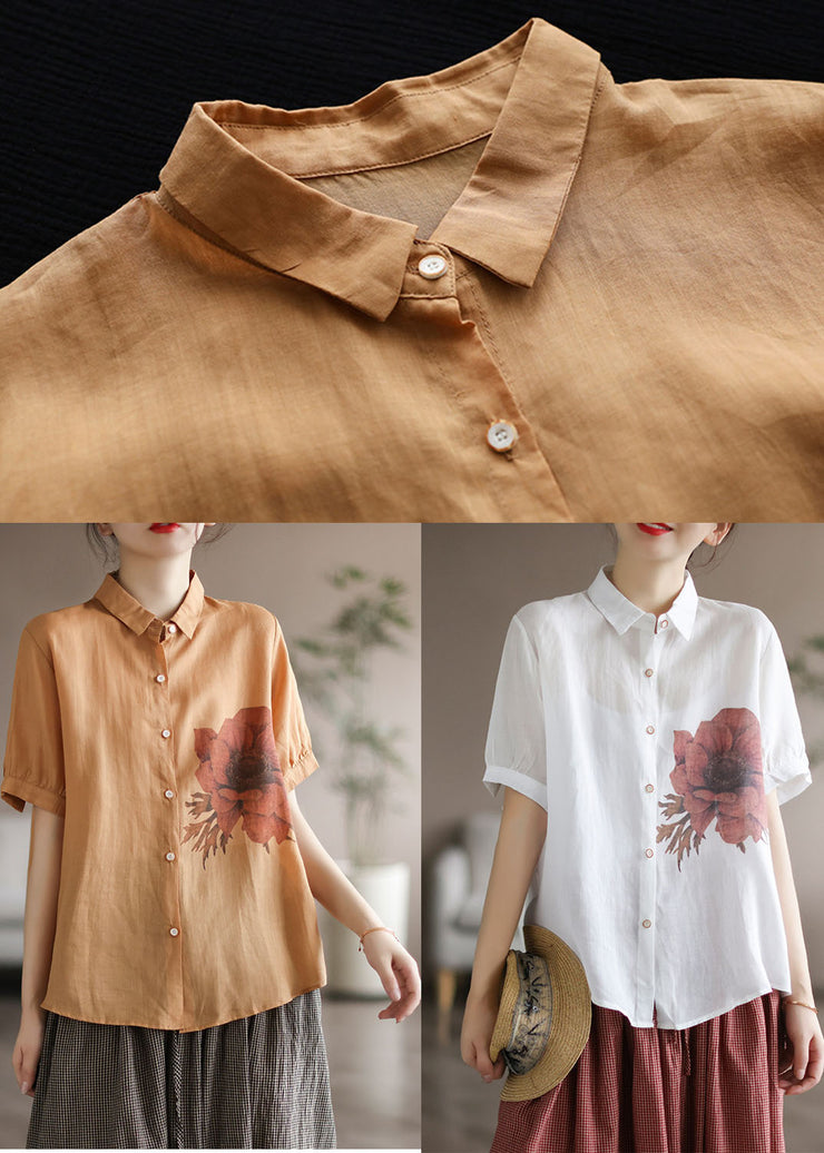 Yellow Floral Print Linen Shirt Tops Patchwork Short Sleeve