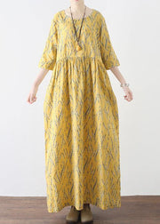 Yellow High Waist Print Loose Half Sleeve Cotton Linen Dress - SooLinen