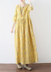 Yellow High Waist Print Loose Half Sleeve Cotton Linen Dress - SooLinen