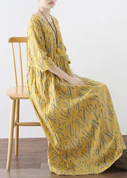 Yellow High Waist Print Loose Half Sleeve Cotton Linen Dress - SooLinen