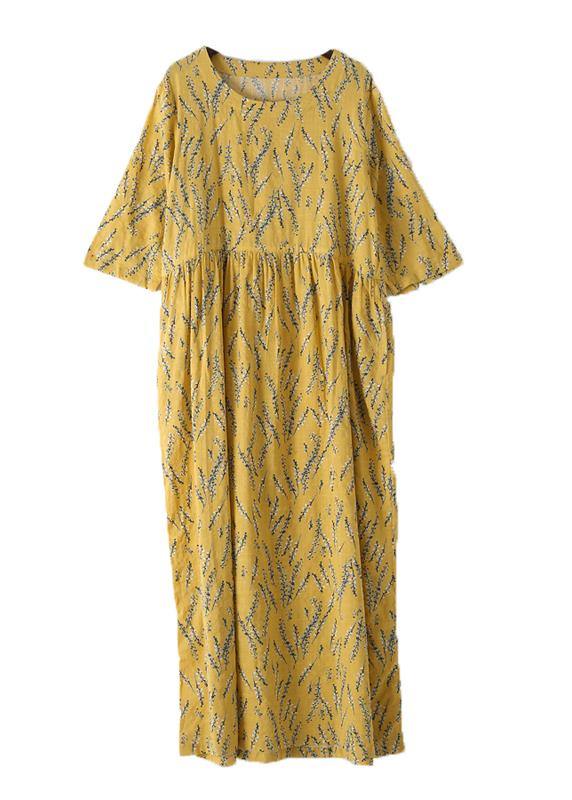 Yellow High Waist Print Loose Half Sleeve Cotton Linen Dress - SooLinen