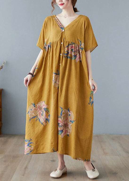 Yellow Loose Holiday Dresses Button Short Sleeve