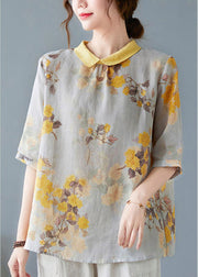 Yellow Peter Pan Collar Print Tops Half Sleeve