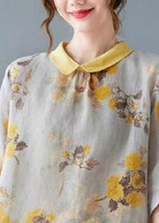 Yellow Peter Pan Collar Print Tops Half Sleeve