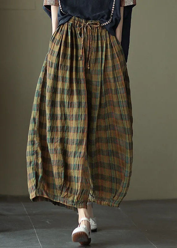 Yellow Plaid Print Cotton wide leg Pants drawstring Spring