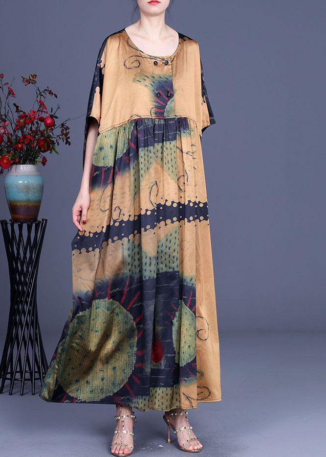 Yellow Print Cinched Summer Silk Party Dresses - SooLinen