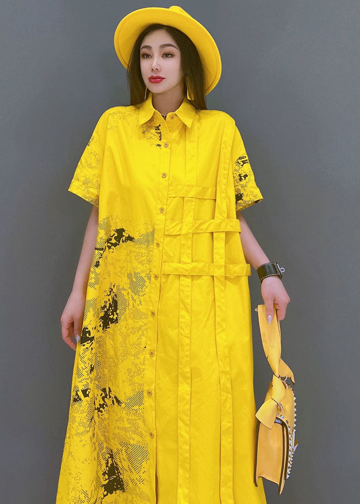 Yellow Print Cotton Loose Shirt Dress Asymmetrical Design Short Sleeve